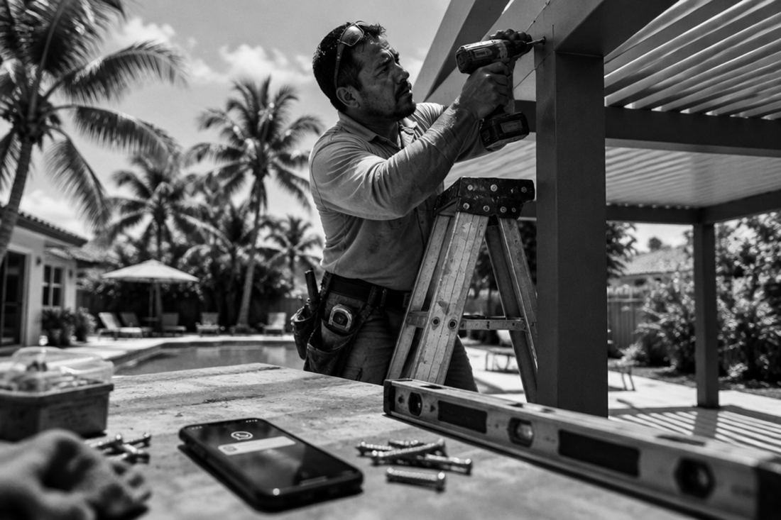 Un contratista concentrado instalando una pérgola en un patio mientras su celular, sobre la mesa de trabajo, recibe un mensaje